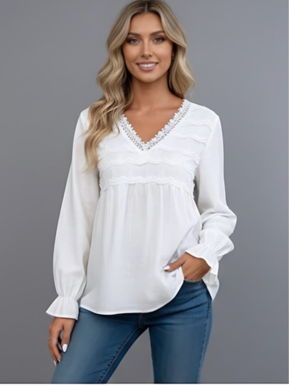 French Guipure Lace Trim Flare Sleeve Peplum Blouse